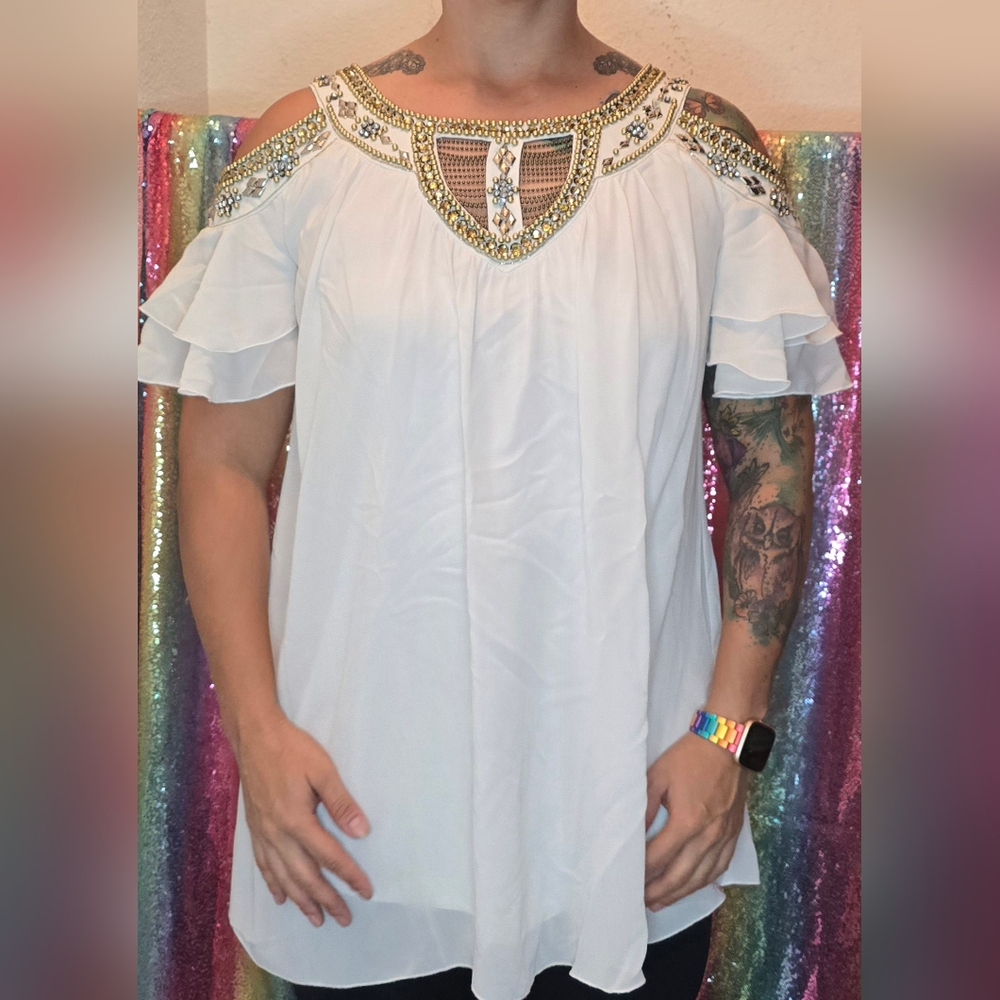 Aso White Tunic Top Flowy Sequin beaded embellished
